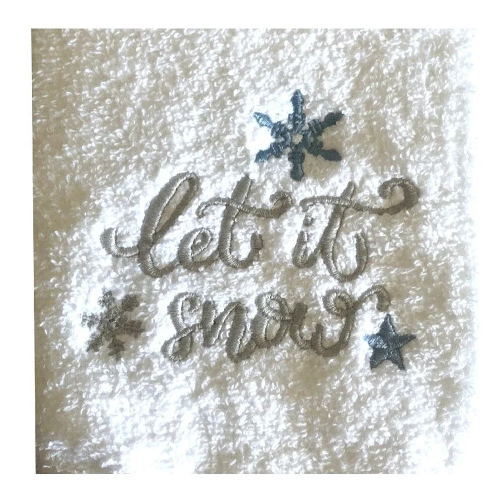 Christmas Hand Towels Set of 2 Snowflake Embroidered Cotton Let It Snow 16x26